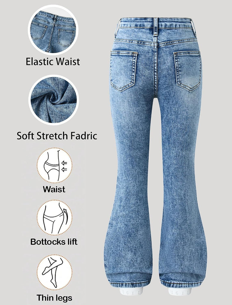 Girls Jeans Flare High Elastic Waist Denim Pants Bell Bottom Stretch Cute Y2K Streetwear with Pockets