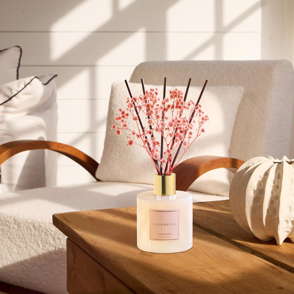 Premium Reed Diffuser Set with Preserved Baby's Breath & Cotton Stick Sandalwood Rose | 6.7oz Scent Fragrance Oil