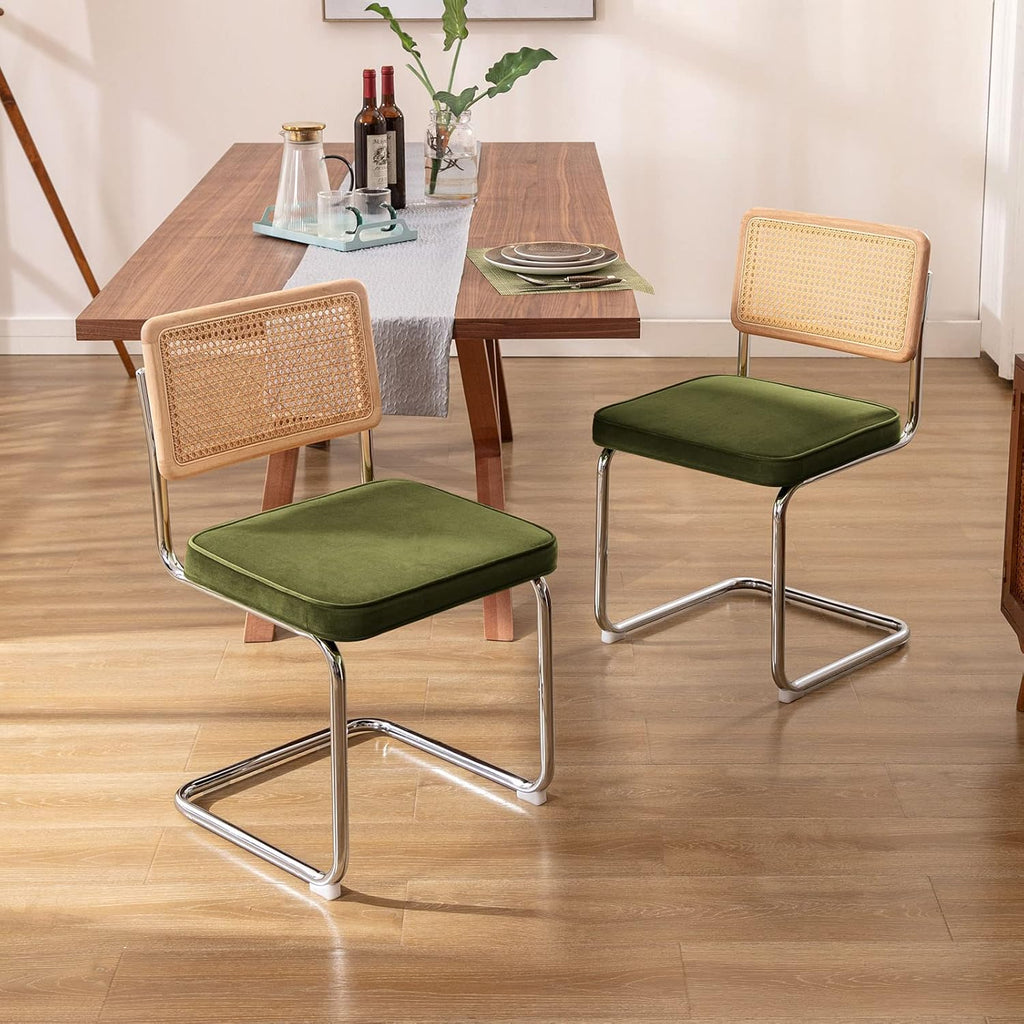 Zesthouse Natural Rattan Dining Chairs Set of 2, Olive Green Modern Kitchen Chairs with Solid Wood Back & Chrome Base
