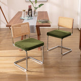 Zesthouse Natural Rattan Dining Chairs Set of 2, Olive Green Modern Kitchen Chairs with Solid Wood Back & Chrome Base