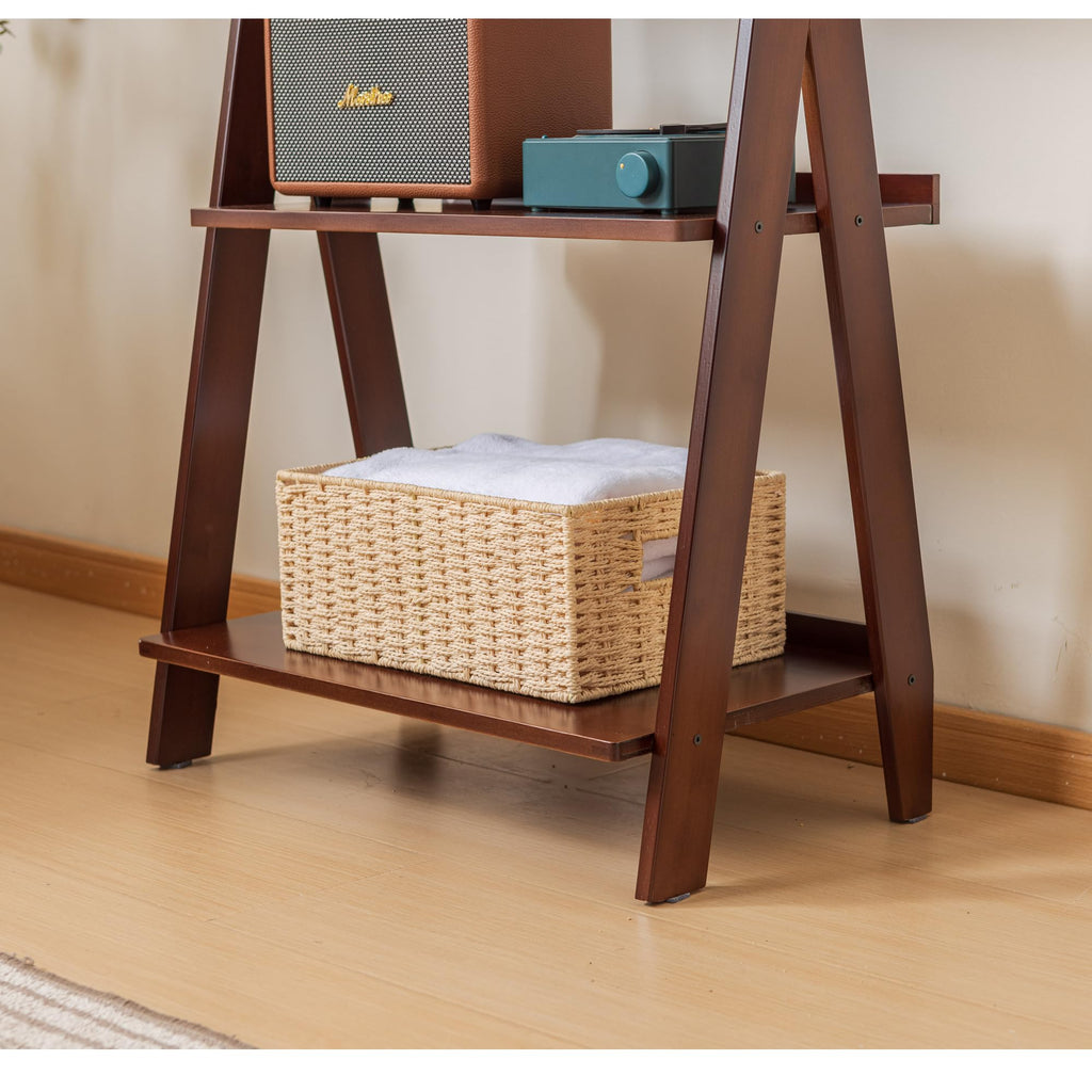 Bamboo Ladder Shelf Bookcase, 5-Tier Leaning Bookshelf Free Standing Organizer Storage Shelves, Balcony, Dark Walnut