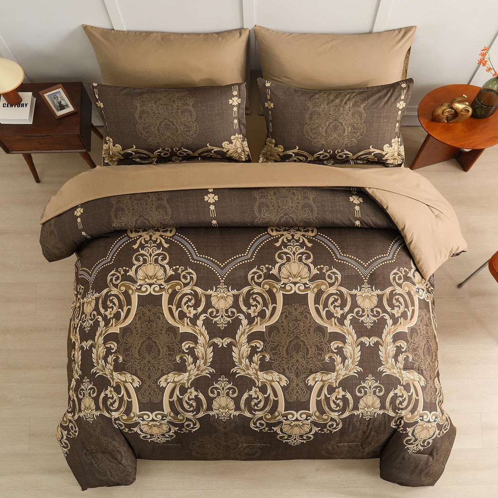 Coffee Comforter Set, 7 Pieces Damask Bed in a Bag