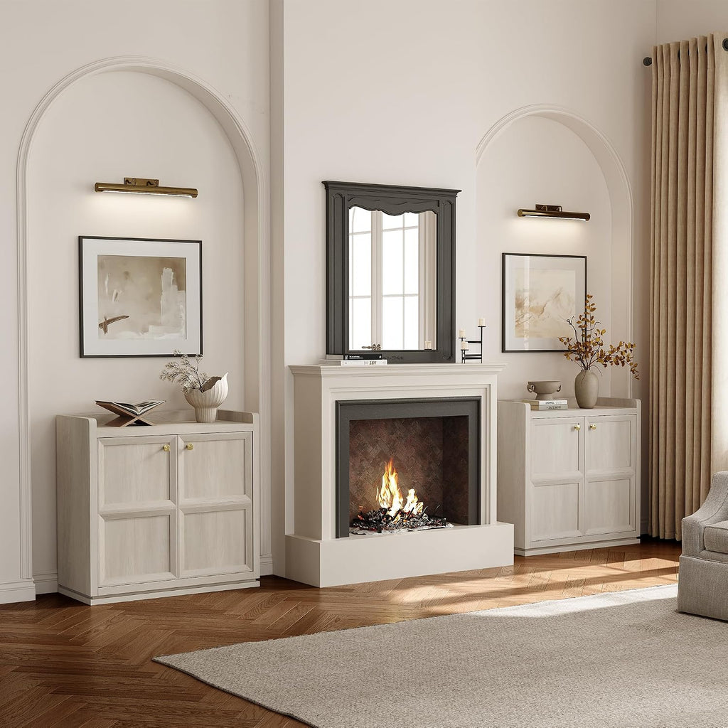 Sideboard Buffet Cabinet with 4 Doors & Shelves, Golden Handles | 68" wide; adjustable shelves; white oak accent