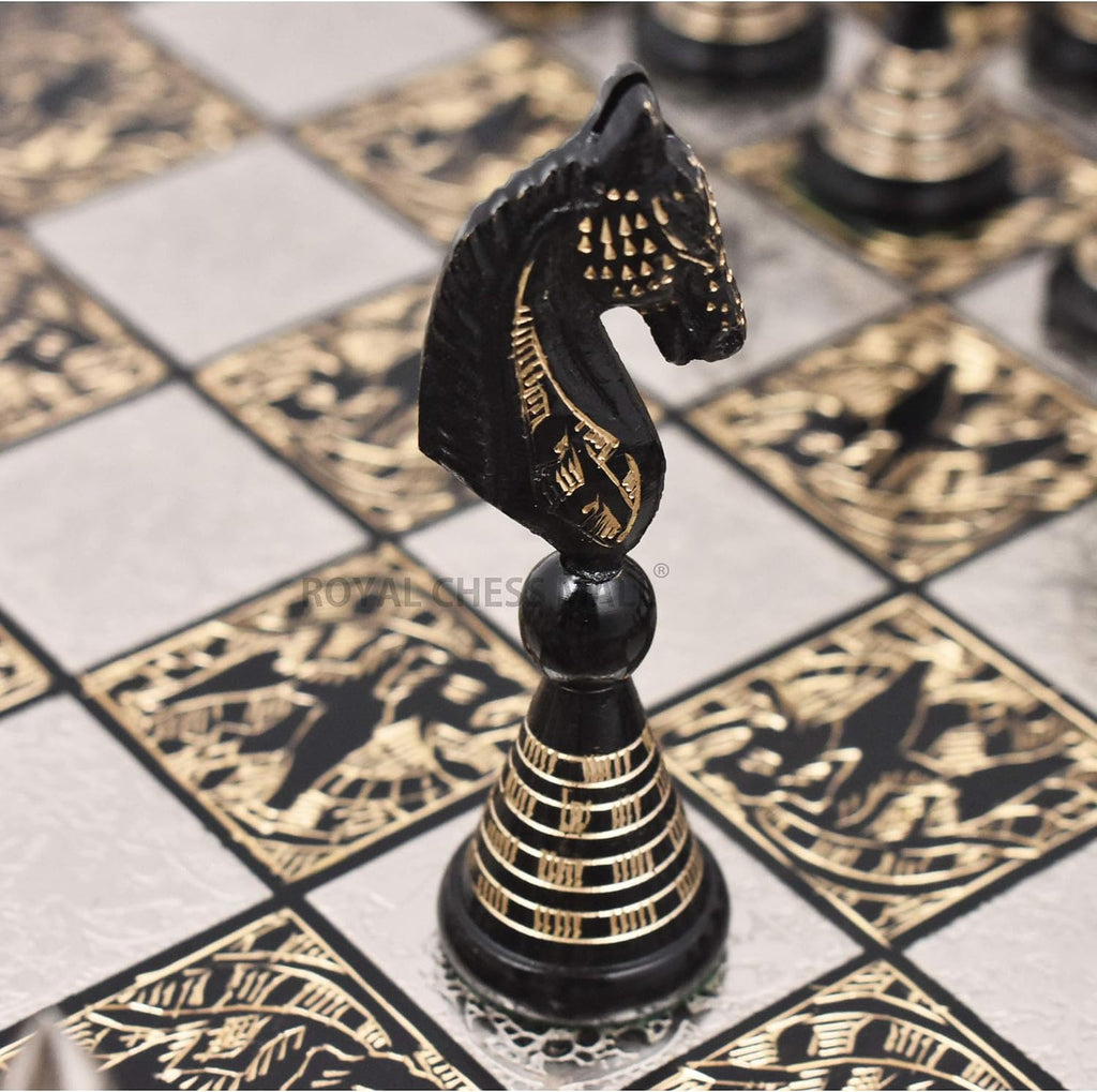 Solid Brass Metal Tribal Artwork Warli Luxury Chess Pieces & Board Set- 12" - Silver & Black... - Set of 32