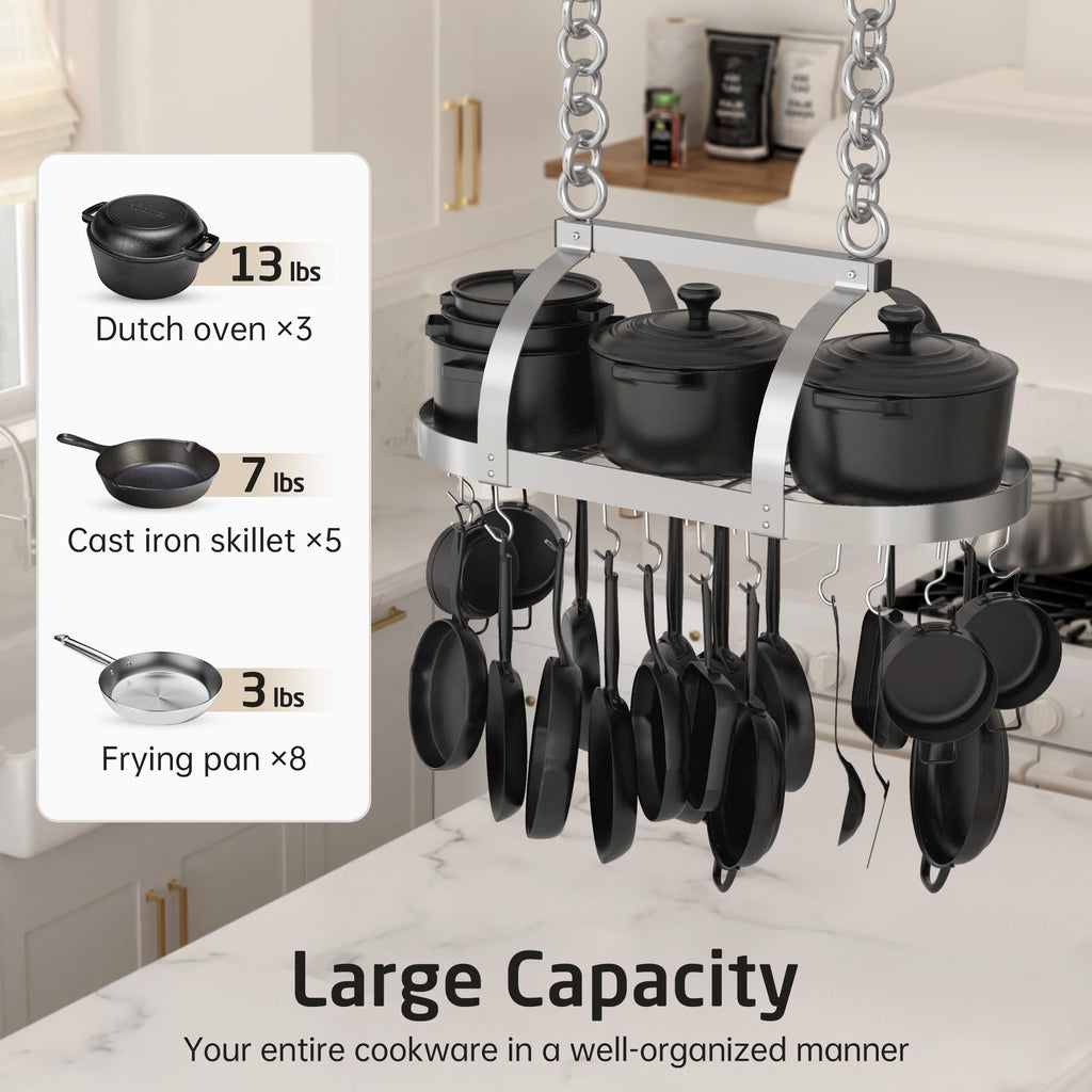 34 Inch Heavy Duty Chrome Hanging Pot Rack Ceiling Mount, Oval Pot and Pan Hanging Rack, Pan Hanger Storage Organizer