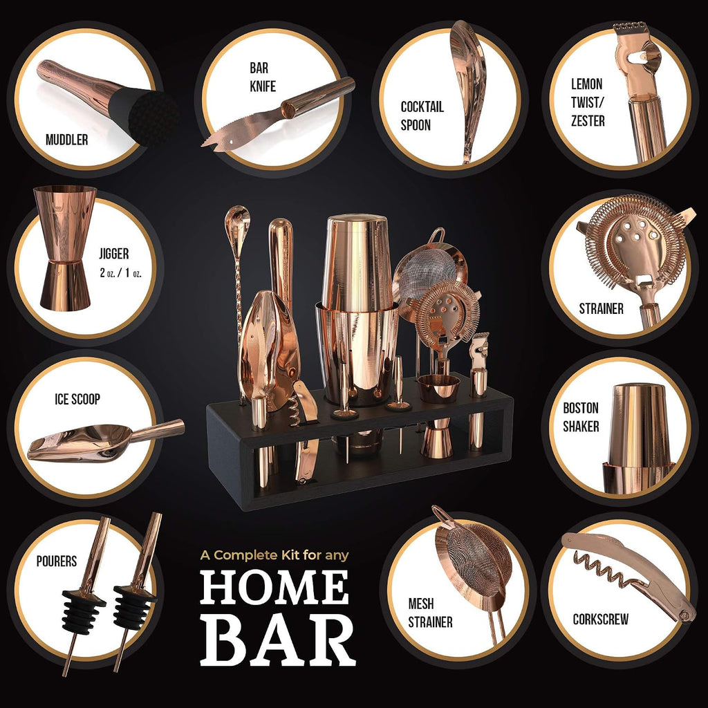 Bartender Kit with Black Bamboo Stand Beautiful Cocktail Shaker Set and Bar Tools Stainless Steel Boston Shaker - Set of 11