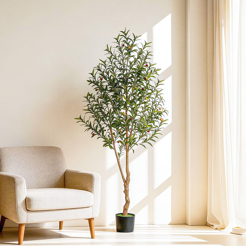 7FT Olive Tree Artificial Indoor, 84in Tall Faux Olive Tree with Pot, Fake Potted Tree with Fruits Decor