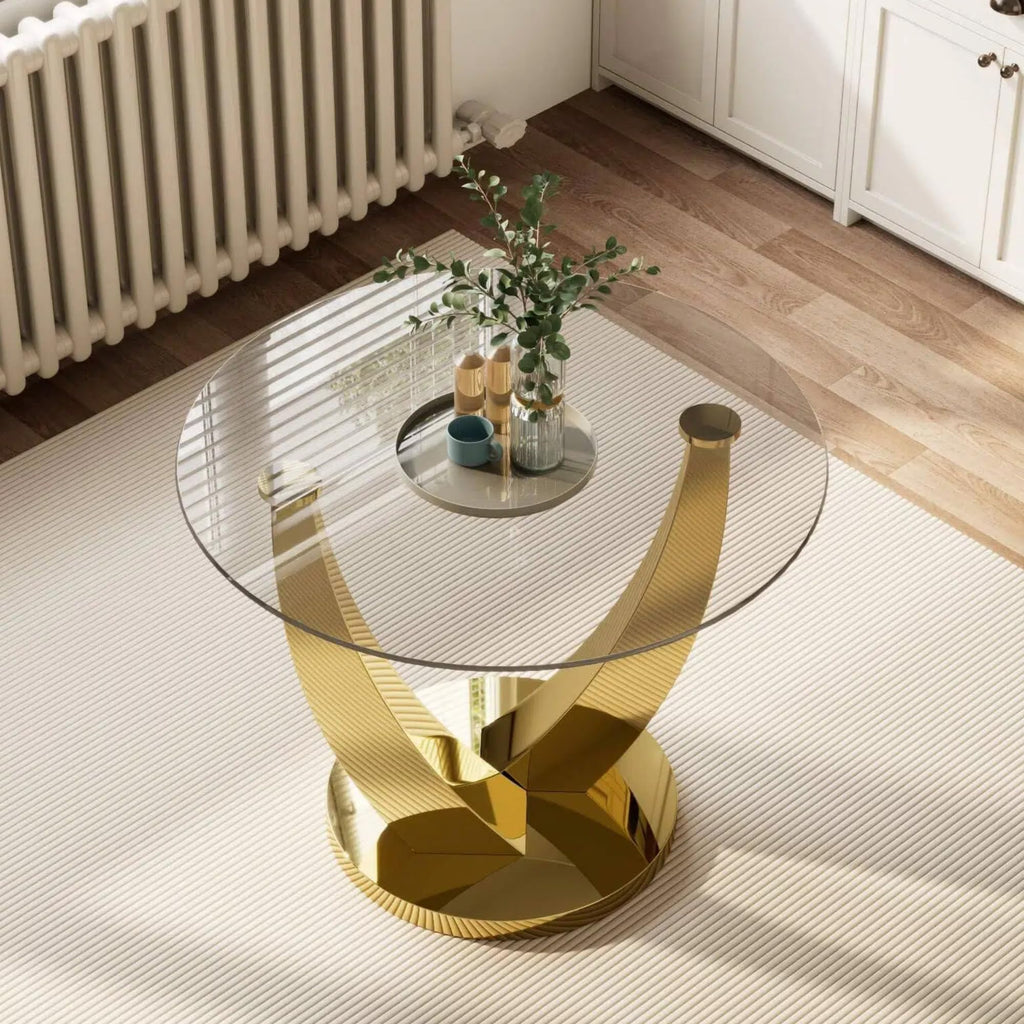 38.9" Modern Round Glass Dining Table for 2-4 People, Gold Base