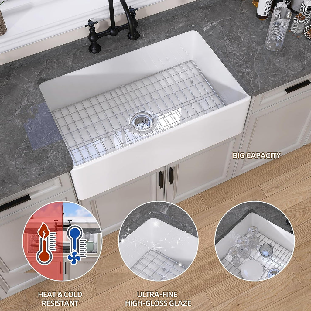 White Farmhouse Kitchen Sink 30 inch Fireclay Apron Front Farm Sink Undermount Single Bowl Reversible Farmer House