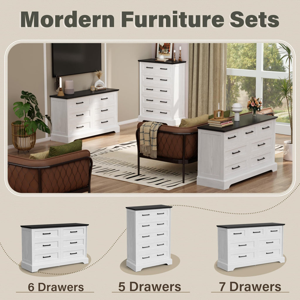 Dresser, Farmhouse 6 Drawers Dressers, White and Black