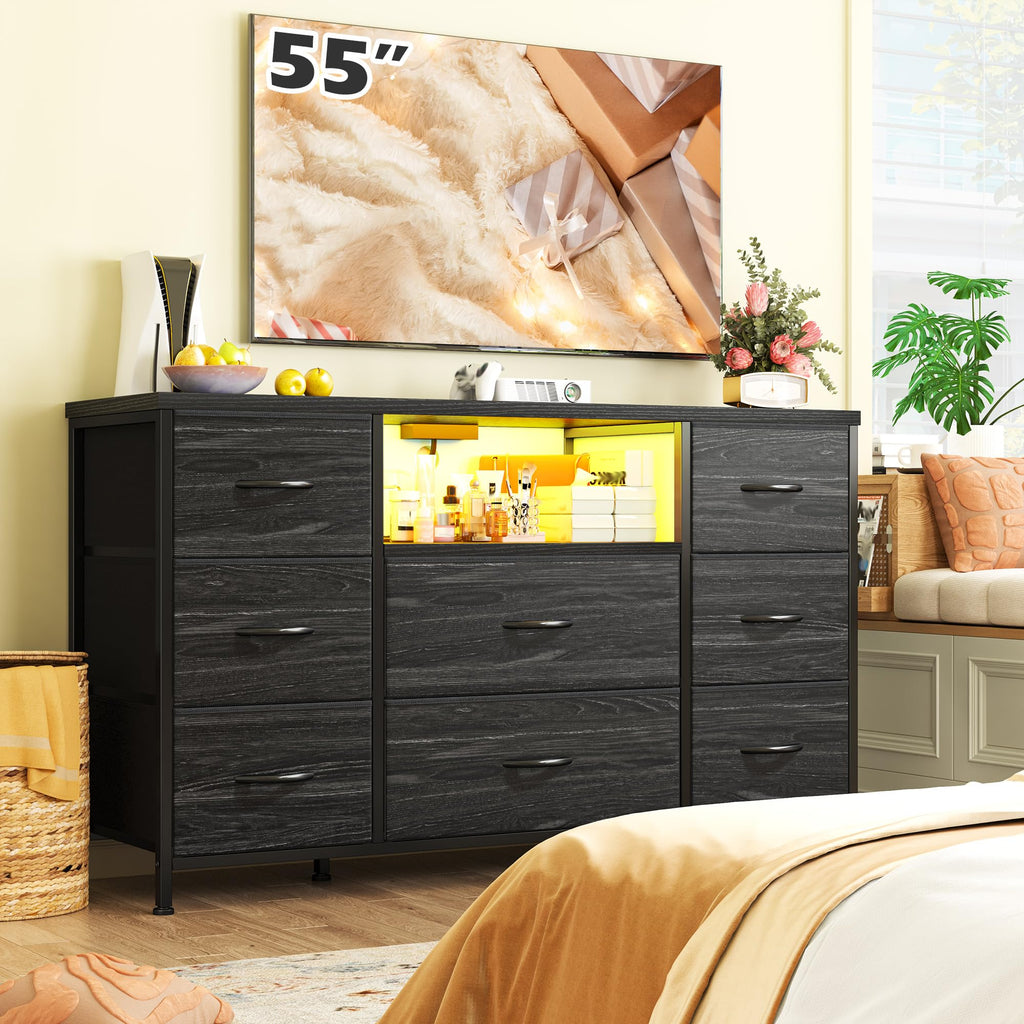 Dresser with LED & Charging Station, 8 Drawers Black