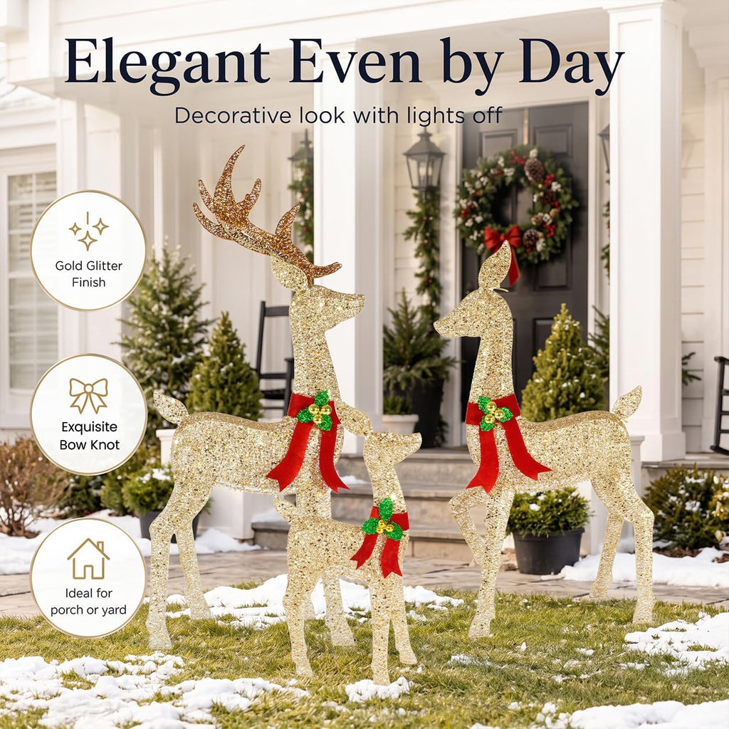 52 ‌"3-Piece 3D Lighted Christmas Deer Family Outdoor Decorations, Large Gold Reindeer Set with 146 Warm White