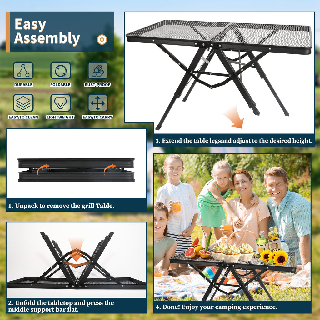 HPC DECOR Grill Table with Mesh Desktop, 200lbs 3Ft Portable Folding Table, Camping Table, Picnic Table, Height