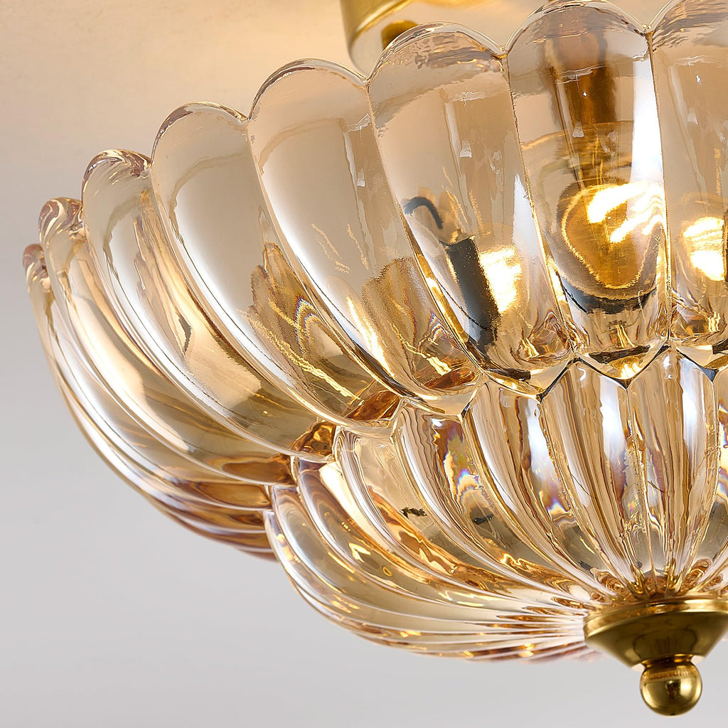 Semi Flush Mount Ceiling Light Fixture, 12" Vintage Gold Ceiling Light with Amber Glass Shade, 3-Light Close to