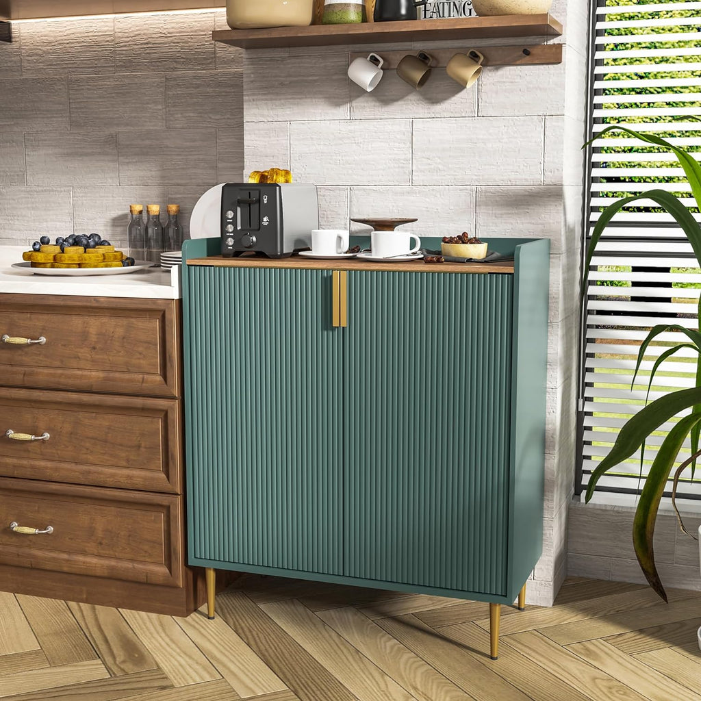 Coffee Bar Cabinet with Wine Racks & Drawer, Green | Liquor Cabinet with Fluted Texture, Modern Sideboard Buffet