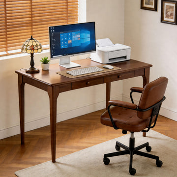 47" Walnut Solid Wood Desk with Drawers, Mid Century Modern Natural Real Wood Writing Desk, Home Bedroom Small Spaces
