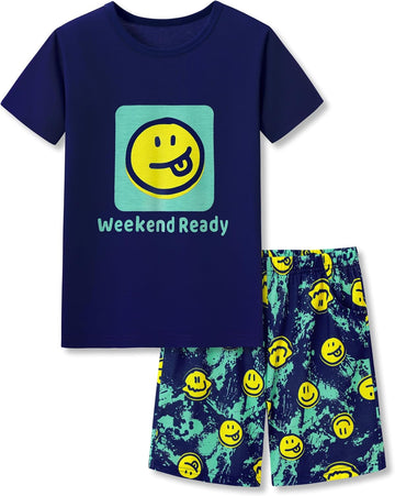 Boys Comfy Raglan Pajama Set Fun Print Tee & Shorts