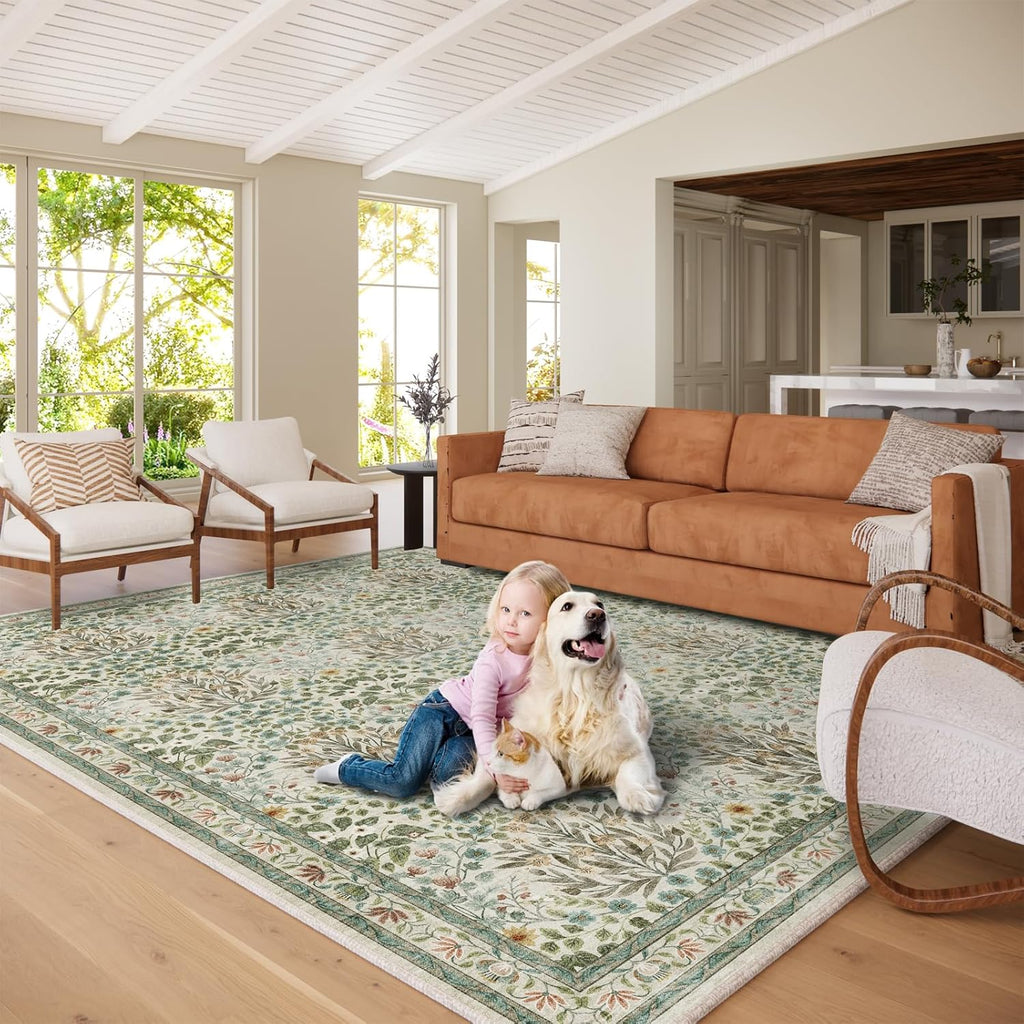 Washable Area Rug 8x10 - Vintage Floral Living Room Rug (Under Table), Bedroom - Stain Resistant, Soft Low Pile