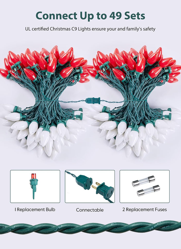 50FT C9 Christmas Lights Outdoor, Green Wire (Red & Warm White)