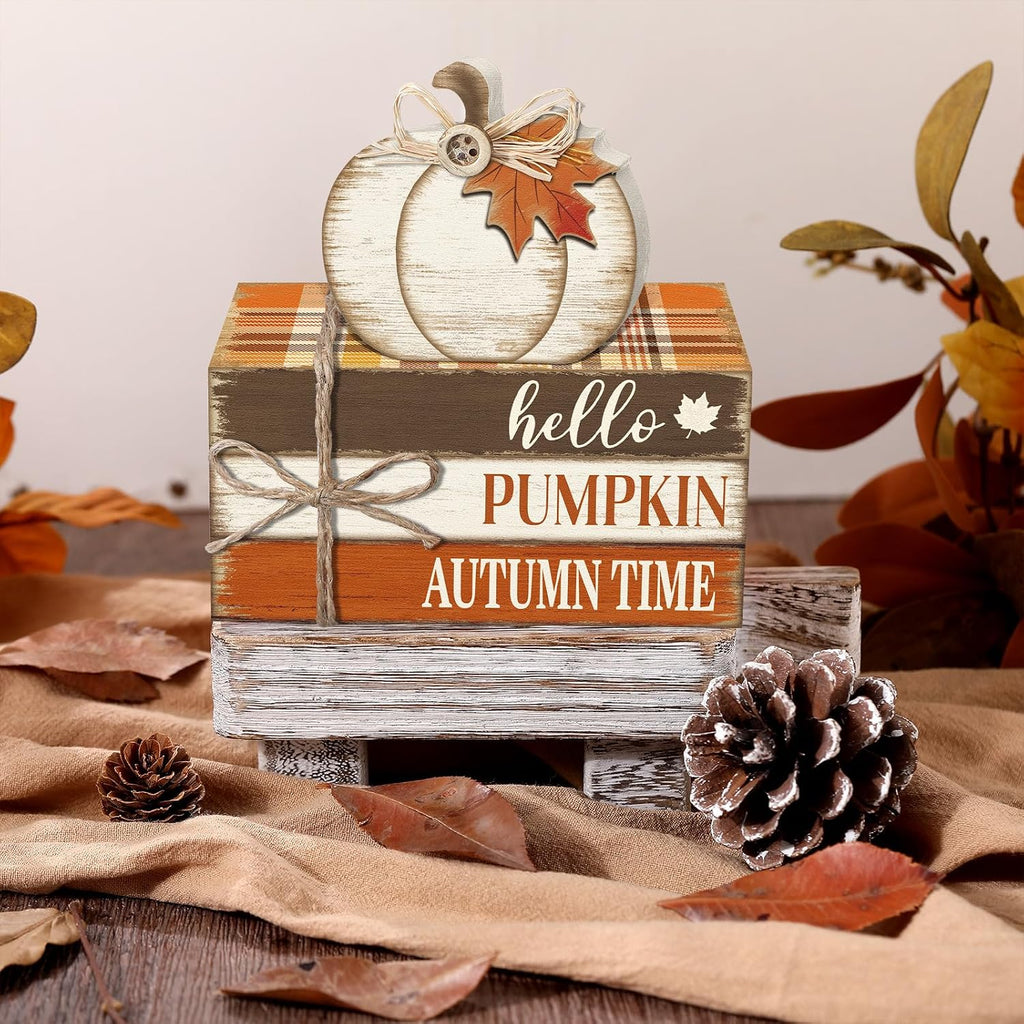 Fall Tiered Tray Decorations Thanksgiving Wooden Pumpkin and Maple Leaf Book Stack Signs, Autumn Vintage Table - Set of 4