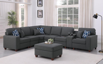 127" Modular Sectional Sofa with Movable Ottoman&Nailhead Trim Armrest, L-Shape Convertible Couch W/Cup Holder, USB