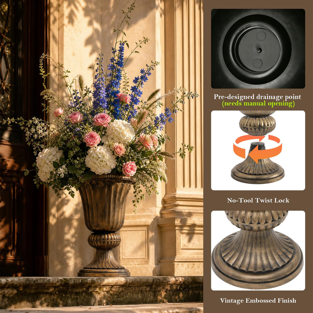 20" Tall Urn Planters for Outdoor Plants, 2 Pack, Bronze