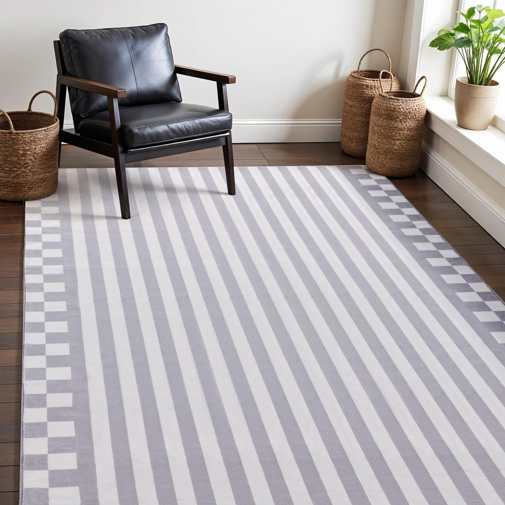 Gray Striped Area Rug Washable Low Pile Carpet