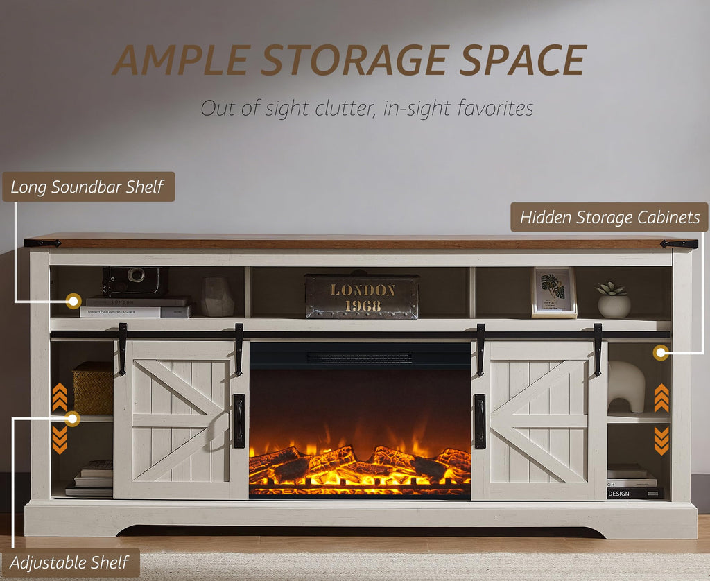 70" Farmhouse TV Stand with 36" Electirc Fireplace, Antique White