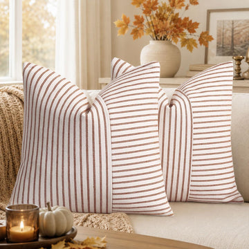 Farmhouse Fall Pillow Covers 26x26, Modern Accent Square Throw Pillow Covers Set of 2, Rust and Beige Striped