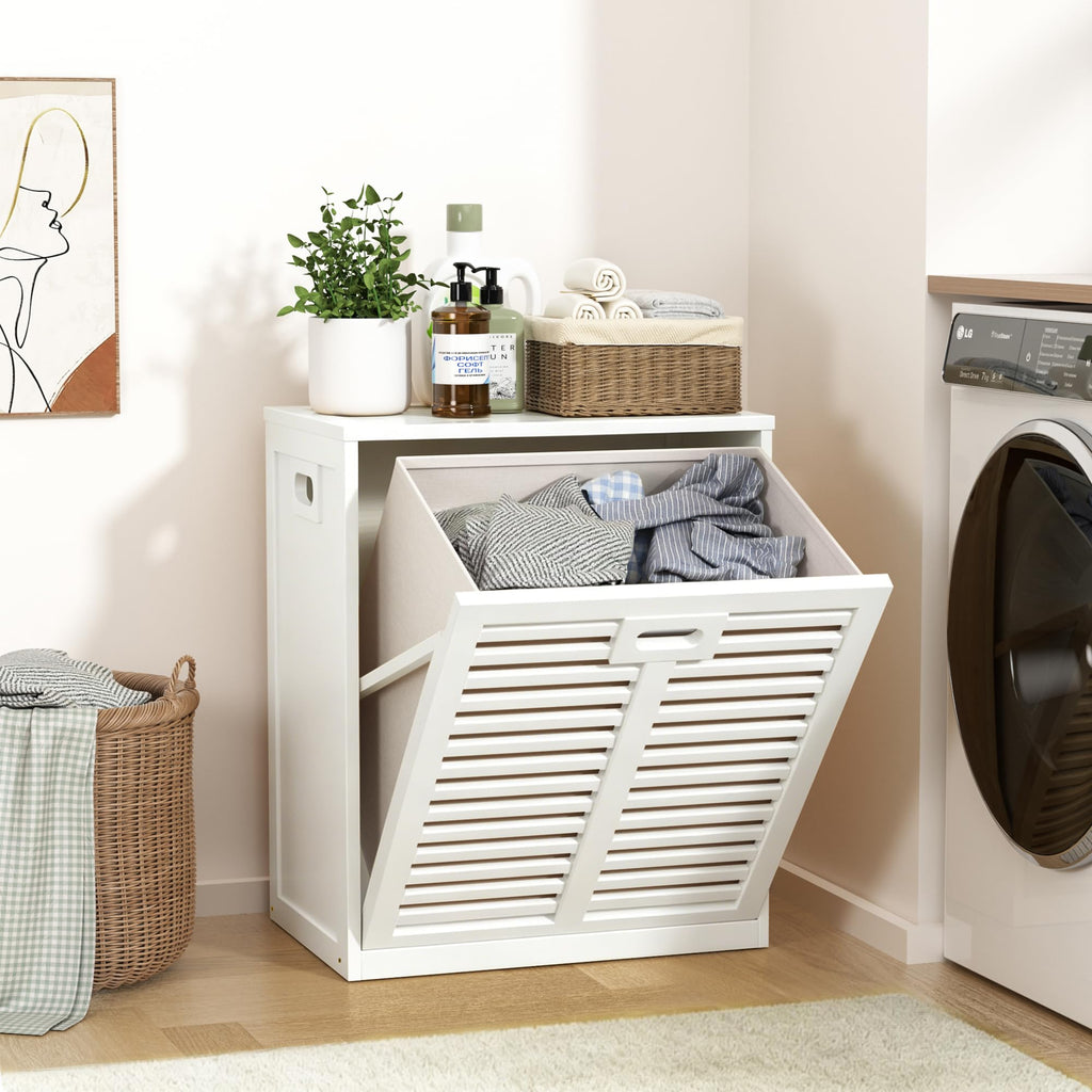 Tilt Out Laundry Hamper, Bamboo Laundry Cabinet with Hidden Removable Basket,Dirty Clothes Storage Organizer , White