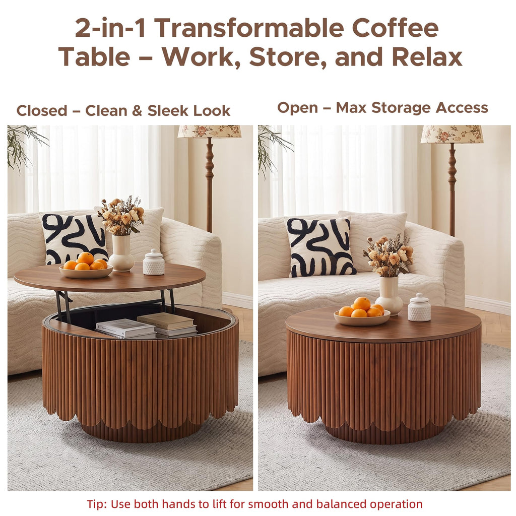 Fluted Round Lift Top Coffee Table with Storage, Walnut