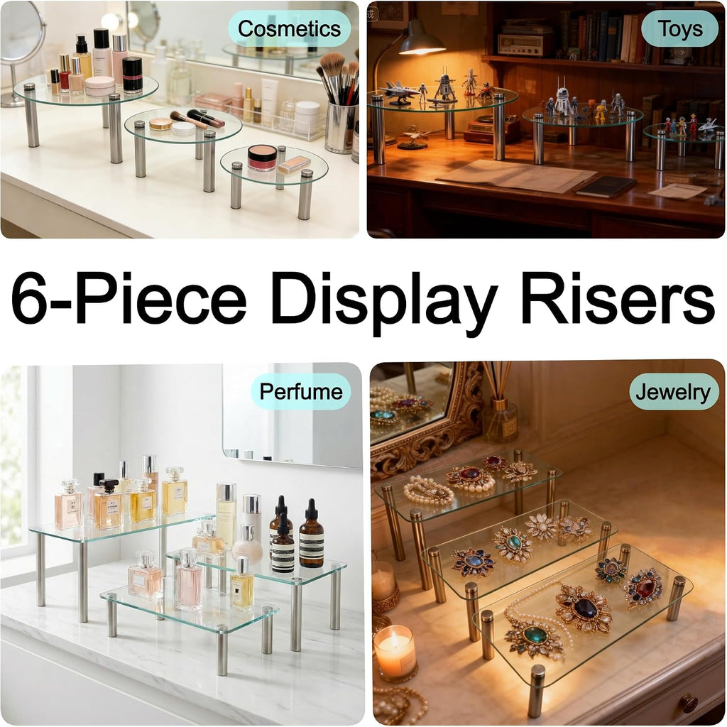 Tempered Glass Cake Stands Set 9 11 13 Inch Dessert Display Riser - Set of 6