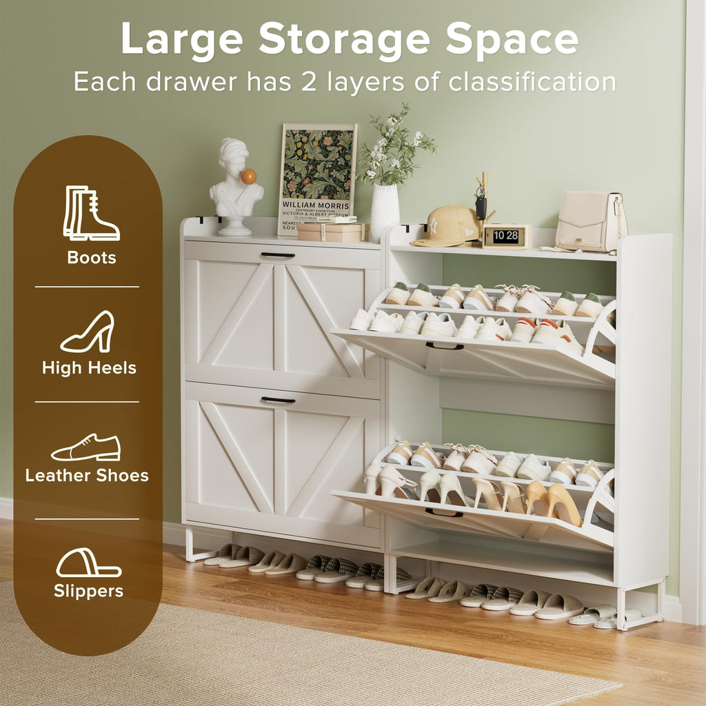 Shoe Storage Cabinet, 2 Flip Drawers Shoe Organizer, Elegant 2-Tier Freestanding Shoe Cabinet with Anti-Tipping