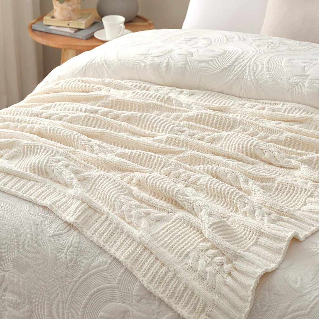Chenille Knit Throw Blanket, Cream White 50"x60"