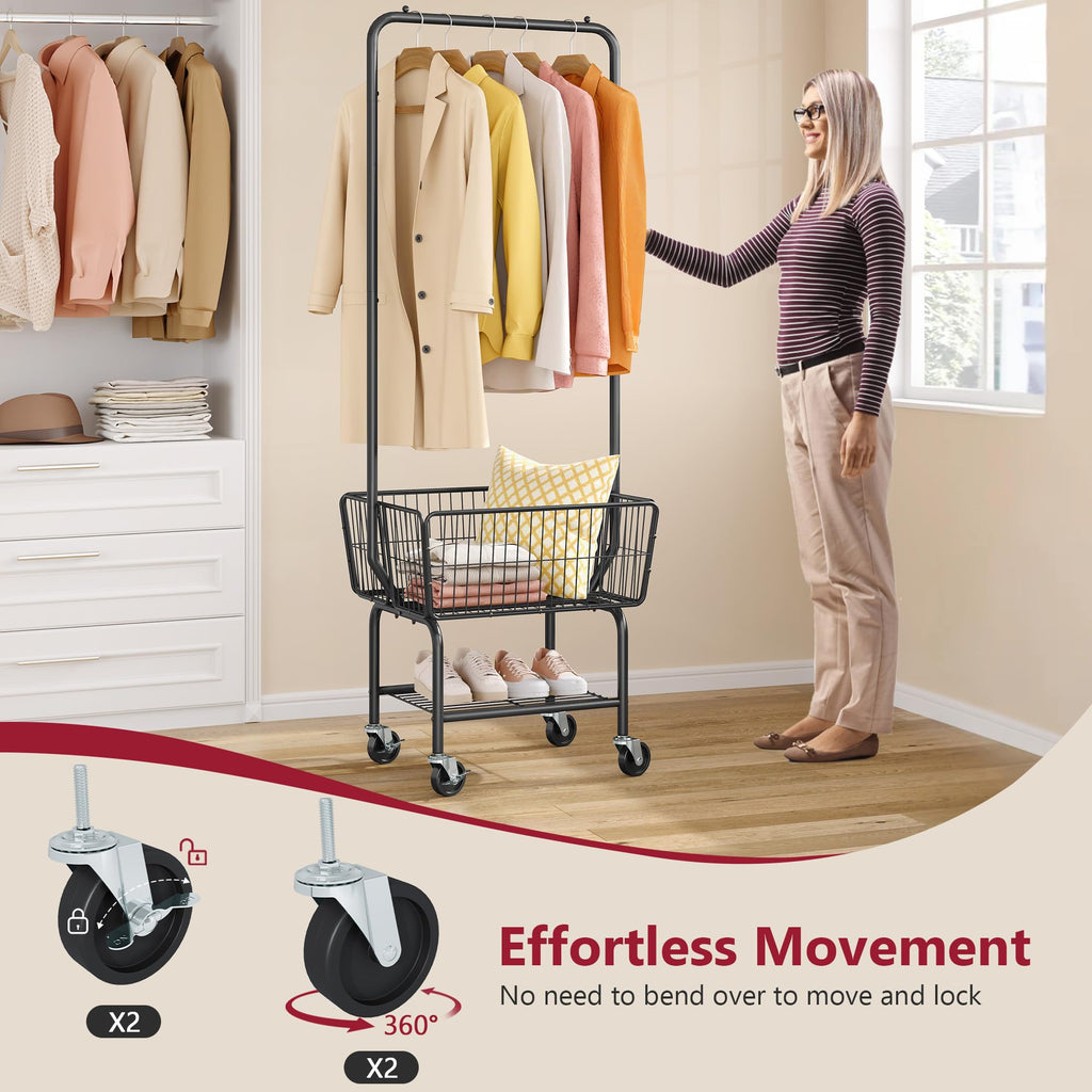 Rolling Laundry Cart with Hanging Rack & Laundry Basket, Black