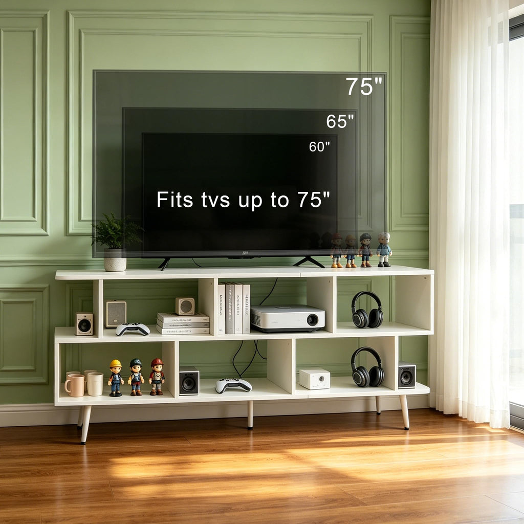 65" White TV Stand with Power Outlet for TVs up to 75", Large Entertainment Center with 8 Open Shelves, Media Console