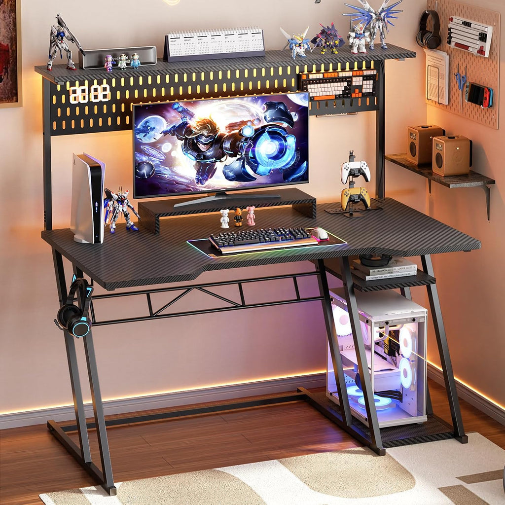 Gaming Computer Desk with Shelves and Outlets, Gaming Desk with Hutch and LED Lights, Reversible PC Gaming Desks with