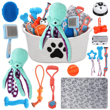 17 Pcs Puppy Gift Set, Dog Toy & Essentials Bundle, White, Octopus