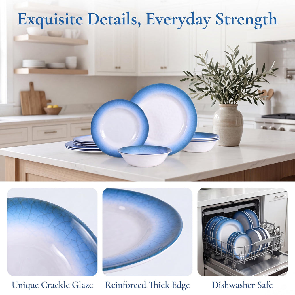 12pcs Melamine Dinnerware Set, Blue Crackle Plates and Bowls Set