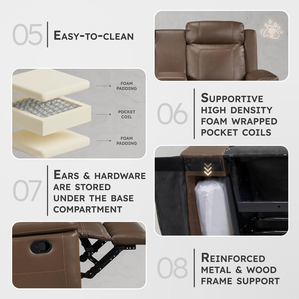 Top Grain Leather Match Manual Double Reclining Loveseat with Storage Console, Wall Hugger, Cup Holders, Power