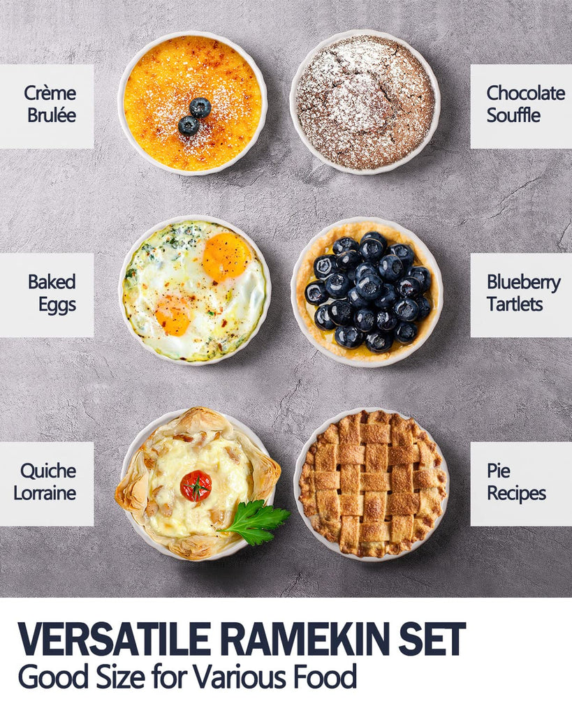 8 Oz Creme Brulee, Porcelain Oven Safe, Round Tart Pan Mini Fluted Quiche Dishes, Set of 6, White