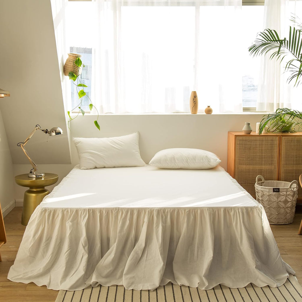 French Linen Bed Skirt with Pleated Frills 18-Inch Tailored Drop Natural Flax Cotton Blend Dust Ruffle Soft Cozy