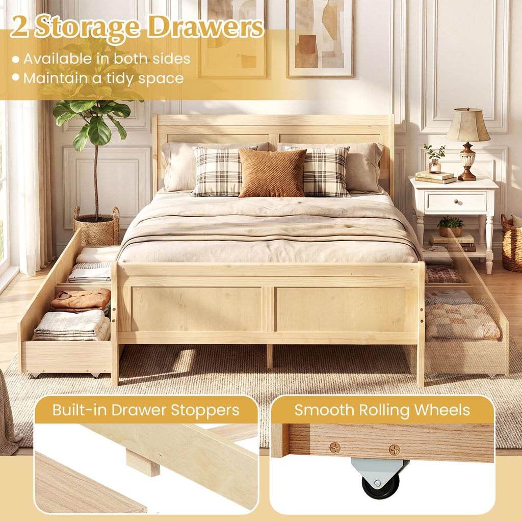 Full Bed Frame with 2 Storage Drawers, Wood Platform Bed with Headboard & Footboard, Wooden Slats Support Mattress