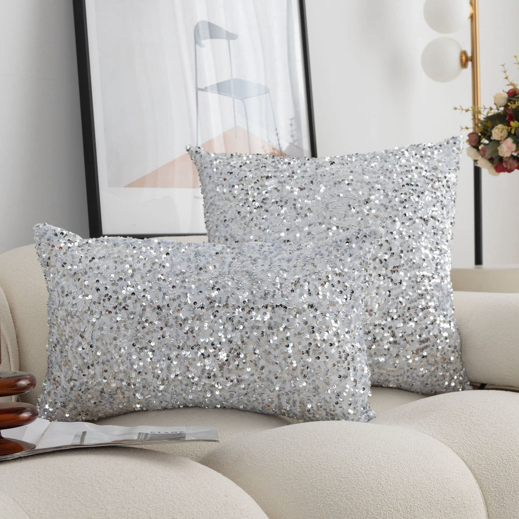 Set of 2 Silver White Glitzy Sequin Throw Pillow Covers Sparkling Decorative Gilter Metallic Square Cushion Cover