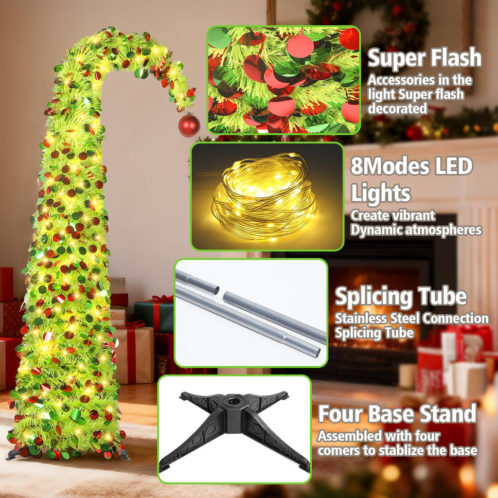 5 FT Whimsical Pop Up with Timer Lights, Lime Green Christmas Tinsel Tree Collapsible Artificial Curved Pencil Tree