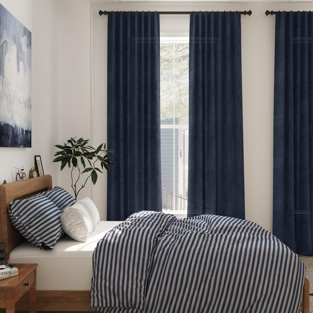 Navy Blue Semi Sheer Curtains 72 Inches Long 2 Panels Set Back Tab Rod Pocket Light Filtering Drapes Cotton Linen