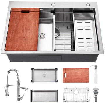Kitchen Sink 33x22 Drop Sinks with Faucet Combo 33 inch Large Single Bowl Stainless Sink Modern Workstation Deep