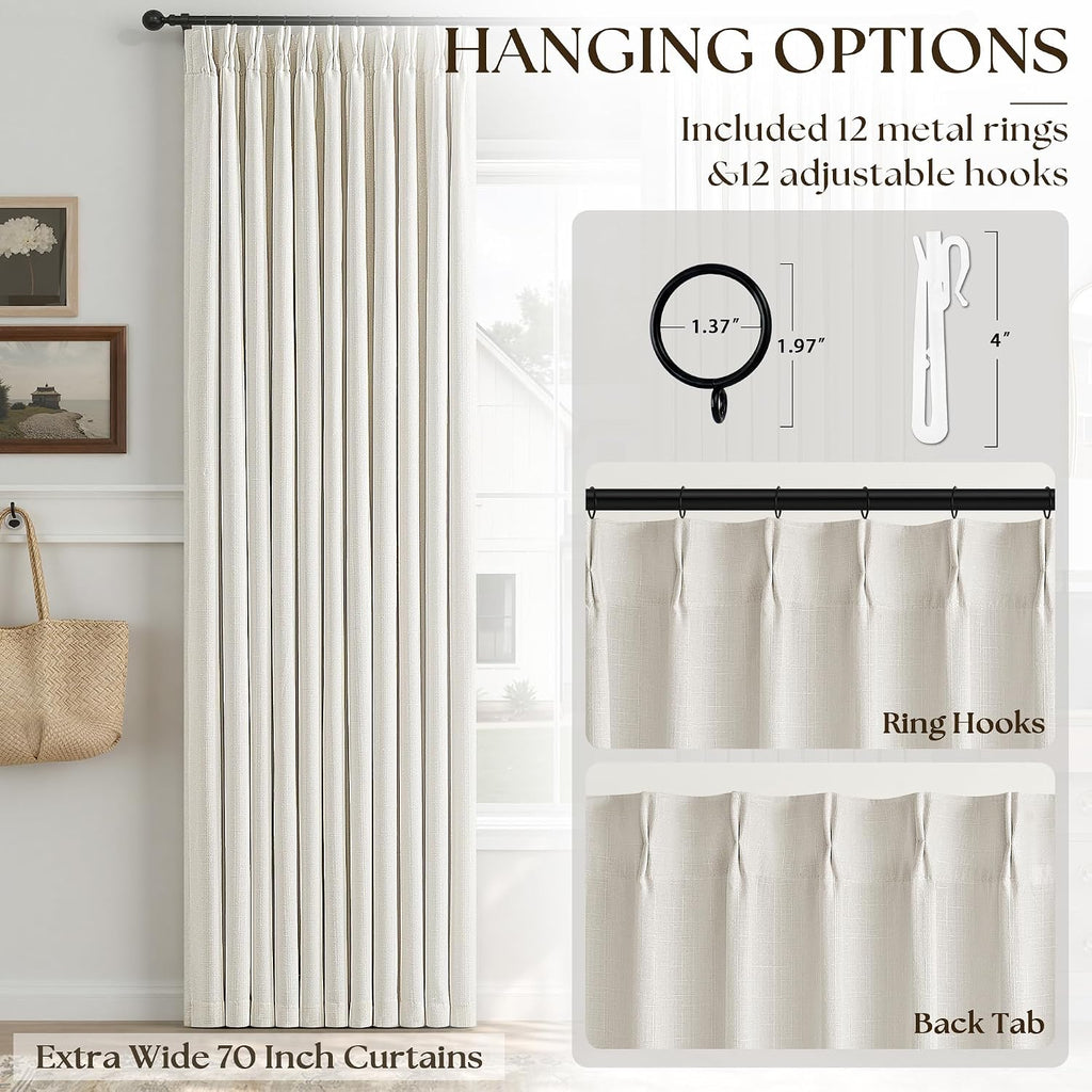 92 Inch Pinch Pleated 100% Blackout Linen Curtains for Bedroom 50 Inch Wide 2 Panels Double Layer Natural Pleat