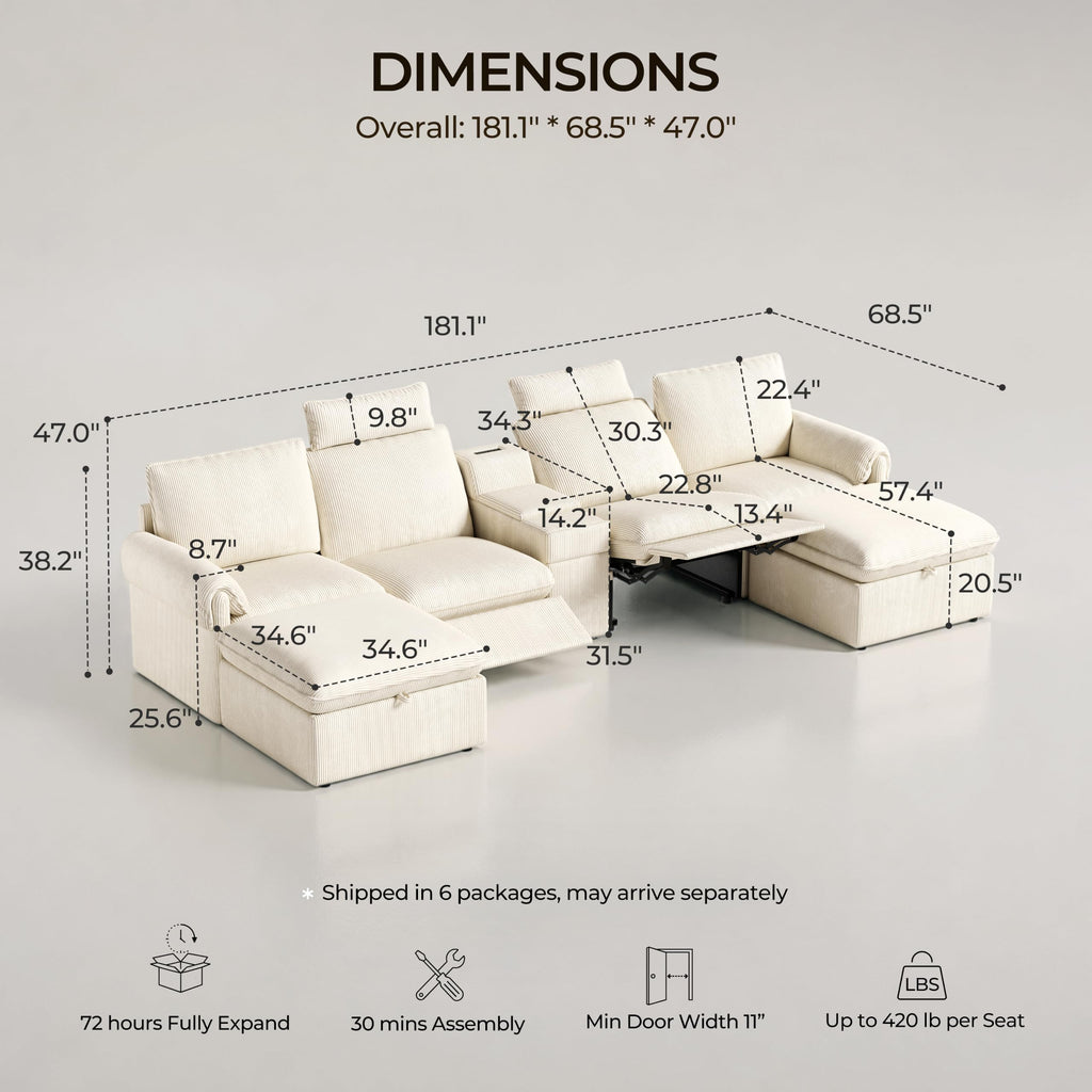 181" 4-Seat Modular Power Reclining Sectional Couch, Beige