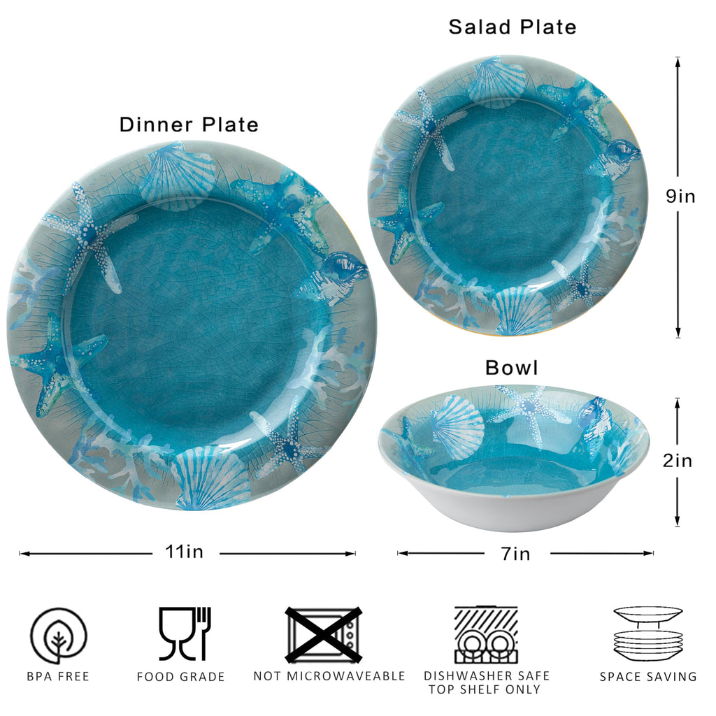 12 PCS Melamine Dishes Dinnerware set, Coastal Plate and Bowls Set